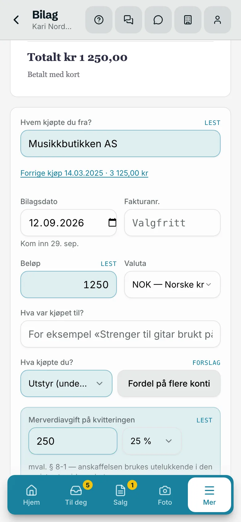 Et bilag i Klapp på telefonen: kvitteringen fra Musikkbutikken, med leverandør, beløp og mva lest av kvitteringen og kontoen foreslått