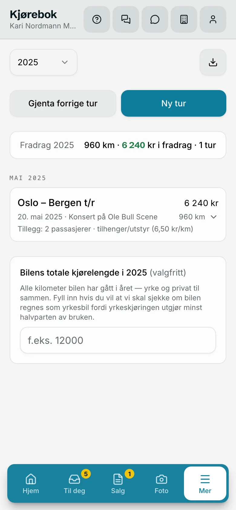 Kjørebok i Klapp med satser og tur/retur